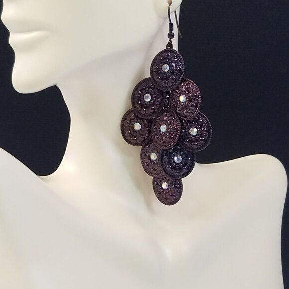 Glitter Disc Dangle Drop Chandelier Earrings Pierced Hook - Picture 1 of 4